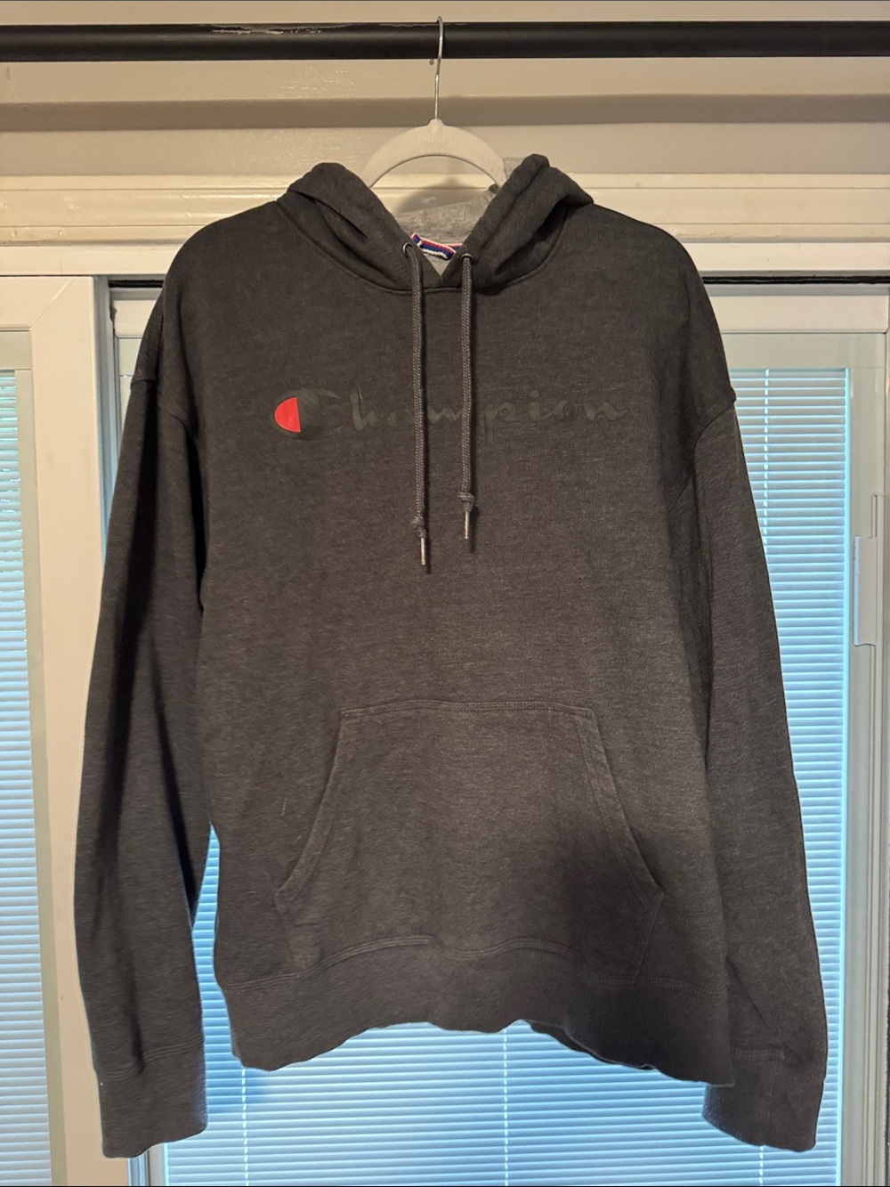 Champion Dark Gray Pullover Hoodie with Red Logo Accent